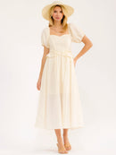 WOMEN'S SHORT PUFF SLEEVE SMOCK RUFFLE MAXI DRESS