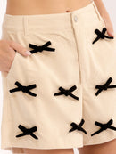 WOMEN'S BUTTON CLOSURE POCKETS CORDUROY BOWS MINI SHORTS