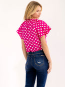 WOMEN'S SHORT PUFF SLEEVE V-NECK FRONT TIE POLKA DOTS BLOUSE