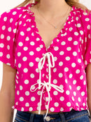 WOMEN'S SHORT PUFF SLEEVE V-NECK FRONT TIE POLKA DOTS BLOUSE