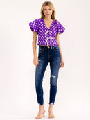 WOMEN'S SHORT PUFF SLEEVE V-NECK FRONT TIE POLKA DOTS BLOUSE