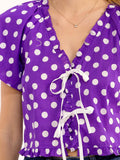 WOMEN'S SHORT PUFF SLEEVE V-NECK FRONT TIE POLKA DOTS BLOUSE