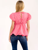 WOMEN'S SHORT PUFF SLEEVE OPEN BACK PEPLUM BLOUSE