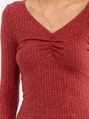 WOMEN'S LONG SLEEVE V-NECK RUCHED RIBBED TOP