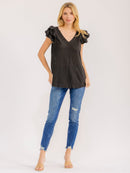 WOMEN'S RUFFLE SLEEVE V-NECK EYELET BLOUSE
