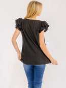 WOMEN'S RUFFLE SLEEVE V-NECK EYELET BLOUSE