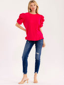 WOMEN'S SHORT PUFF SLEEVES EYELT DETAILED BLOUSE
