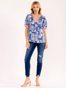 WOMEN'S SHORT SLEEVE V-NECK MULTI PRINT BLOUSE