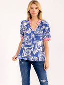 WOMEN'S SHORT SLEEVE V-NECK MULTI PRINT BLOUSE