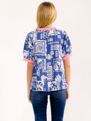 WOMEN'S SHORT SLEEVE V-NECK MULTI PRINT BLOUSE