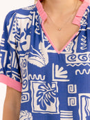 WOMEN'S SHORT SLEEVE V-NECK MULTI PRINT BLOUSE
