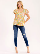 WOMEN'S SHORT PUFF SLEEVE OPEN BACK FLORAL BLOUSE