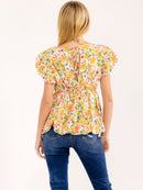 WOMEN'S SHORT PUFF SLEEVE OPEN BACK FLORAL BLOUSE