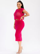 WOMEN'S SHORT SLEEVE TOP & ELASTIC WAIST MAXI SKIRT CROCHET 2PC. SET