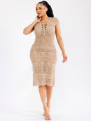 WOMEN'S SHORT SLEEVE V-NECK BODYCON CROCHET MIDI DRESS