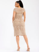 WOMEN'S SHORT SLEEVE V-NECK BODYCON CROCHET MIDI DRESS