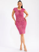 WOMEN'S SHORT SLEEVE V-NECK BODYCON CROCHET MIDI DRESS