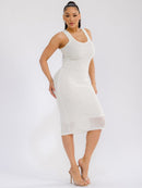 WOMEN'S SLEEVELESS BODYCON CROCHET SEQUINS MIDI DRESS