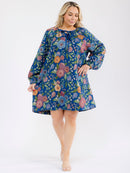 PLUS SIZE LONG SLEEVE FRONT FRONT POCKETS FLORAL PRINT MINI DRESS
