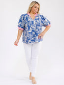 PLUS SIZE SHORT SLEEVE V-NECK MULTI PRINT BLOUSE