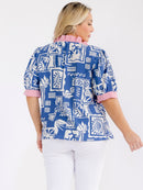 PLUS SIZE SHORT SLEEVE V-NECK MULTI PRINT BLOUSE