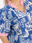 PLUS SIZE SHORT SLEEVE V-NECK MULTI PRINT BLOUSE