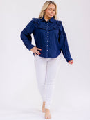 PLUS SIZE LONG SLEEVE BUTTON UP RUFFLE DENIM TOP