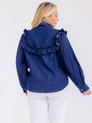 PLUS SIZE LONG SLEEVE BUTTON UP RUFFLE DENIM TOP