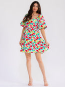 WOMEN'S SHORT PUFF SLEEVE SMOCK FIT & FLARE FLORAL MINI DRESS