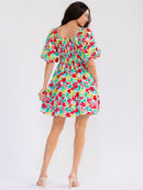 WOMEN'S SHORT PUFF SLEEVE SMOCK FIT & FLARE FLORAL MINI DRESS
