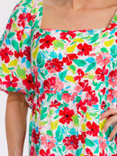 WOMEN'S SHORT PUFF SLEEVE SMOCK FIT & FLARE FLORAL MINI DRESS