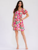 WOMEN'S SHORT SLEEVE SQUARE NECK SMOCK FLORAL MINI DRESS