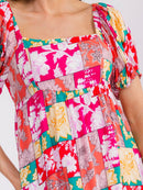 WOMEN'S SHORT SLEEVE SQUARE NECK SMOCK FLORAL MINI DRESS