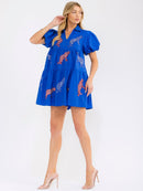 WOMEN'S SHORT SLEEVE V-NECK FRONT POCKETS GRAPHIC SEQUINS LOOSE FIT MINI DRESS