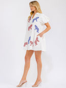 WOMEN'S SHORT SLEEVE V-NECK FRONT POCKETS GRAPHIC SEQUINS LOOSE FIT MINI DRESS