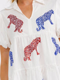 WOMEN'S SHORT SLEEVE V-NECK FRONT POCKETS GRAPHIC SEQUINS LOOSE FIT MINI DRESS