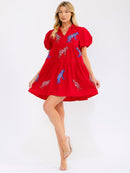 WOMEN'S SHORT SLEEVE V-NECK FRONT POCKETS GRAPHIC SEQUINS LOOSE FIT MINI DRESS