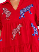 WOMEN'S SHORT SLEEVE V-NECK FRONT POCKETS GRAPHIC SEQUINS LOOSE FIT MINI DRESS