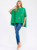 WOMEN'S SHORT SLEEVE SEQUINS GRAPHIC HIGH-LOW OVERSIZED SHIRT