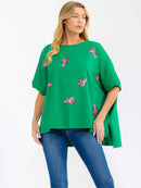 WOMEN'S SHORT SLEEVE SEQUINS GRAPHIC HIGH-LOW OVERSIZED SHIRT