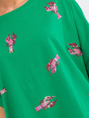 WOMEN'S SHORT SLEEVE SEQUINS GRAPHIC HIGH-LOW OVERSIZED SHIRT