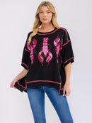 WOMEN'S SHORT SLEEVE SEQUINS GRAPHIC HIGH-LOW OVERSIZED SHIRT