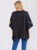WOMEN'S SHORT SLEEVE SEQUINS GRAPHIC HIGH-LOW OVERSIZED SHIRT