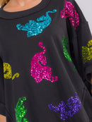 WOMEN'S SHORT SLEEVE SEQUINS GRAPHIC HIGH-LOW OVERSIZED SHIRT