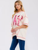 WOMEN'S SHORT SLEEVE SEQUINS GRAPHIC HIGH-LOW OVERSIZED SHIRT