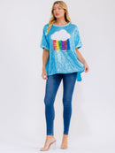 WOMEN'S SHORT SLEEVE SEQUINS GRAPHIC HIGH-LOW OVERSIZED SHIRT