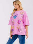 WOMEN'S SHORT SLEEVE SEQUINS GRAPHIC OVERSIZED SHIRT