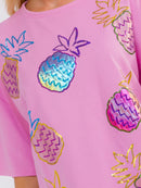 WOMEN'S SHORT SLEEVE SEQUINS GRAPHIC OVERSIZED SHIRT