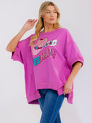 WOMEN'S SHORT SLEEVE SEQUINS GRAPHIC HIGH-LOW OVERSIZED SHIRT