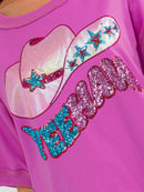 WOMEN'S SHORT SLEEVE SEQUINS GRAPHIC HIGH-LOW OVERSIZED SHIRT
